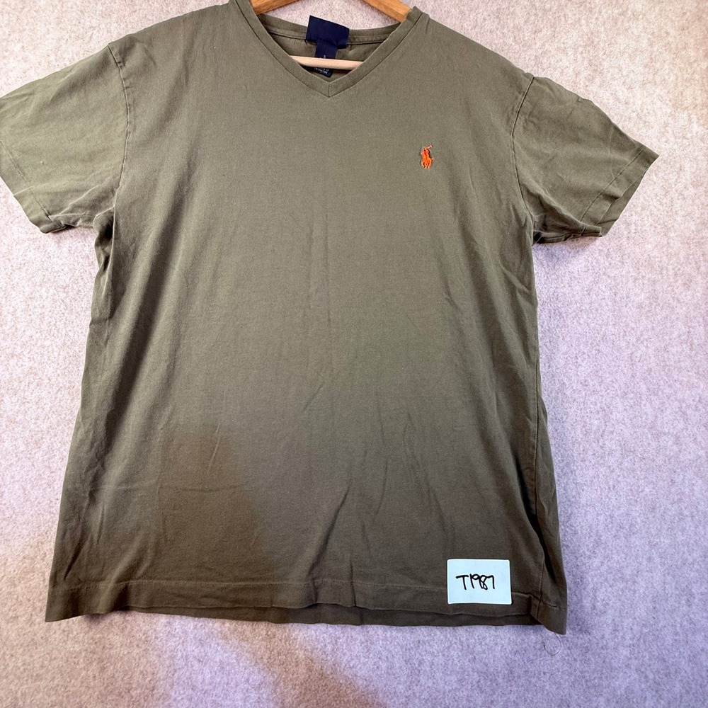 Polo Ralph Lauren Mens V-Neck T-Shirt Olive Green Orange Pony Small S T1987